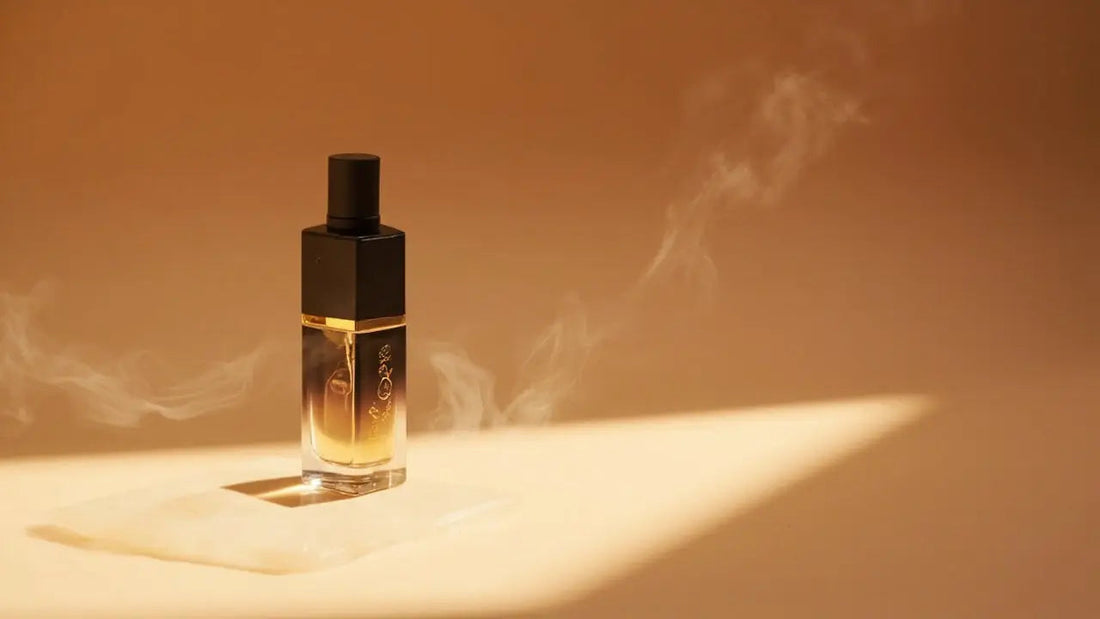 premium arabic perfume bottle on stone with warm amber studio lighting